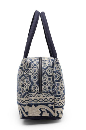 Tribal Beige And Navy Abstract Cotton Jacquard Hand Bag
