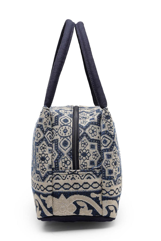 Tribal Beige And Navy Abstract Cotton Jacquard Hand Bag