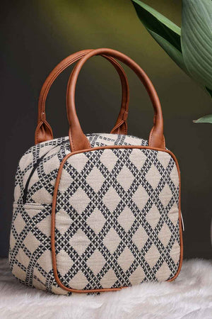 Geomat Beige, Black And Tan Lattice Cotton Jacquard Hand Bag