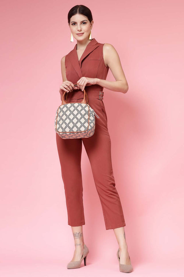 Geomat Beige, Black And Tan Lattice Cotton Jacquard Hand Bag