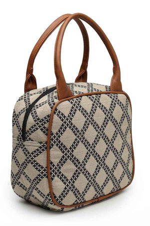 Geomat Beige, Black And Tan Lattice Cotton Jacquard Hand Bag