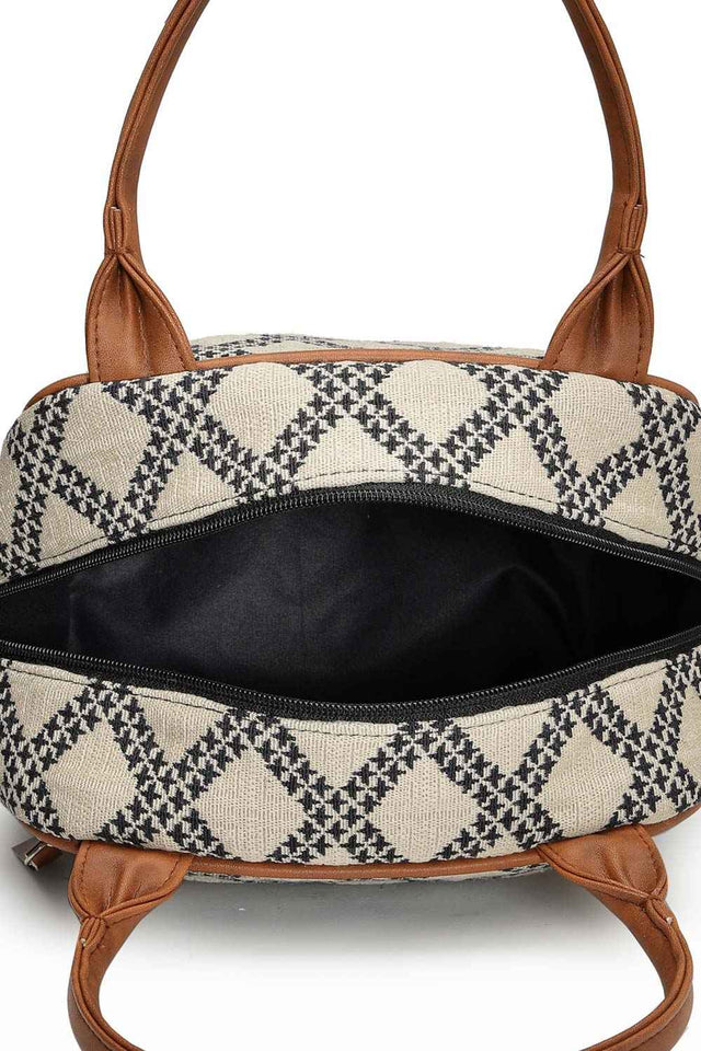 Geomat Beige, Black And Tan Lattice Cotton Jacquard Hand Bag