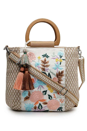 Kooky Camel Brown And Multi Floral Embroidered Cotton Jacquard Hand Bag