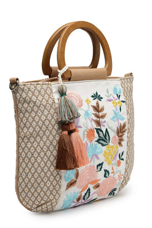 Kooky Camel Brown And Multi Floral Embroidered Cotton Jacquard Hand Bag