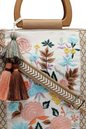 Kooky Camel Brown And Multi Floral Embroidered Cotton Jacquard Hand Bag