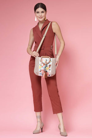 Kooky Camel Brown And Multi Floral Embroidered Cotton Jacquard Hand Bag