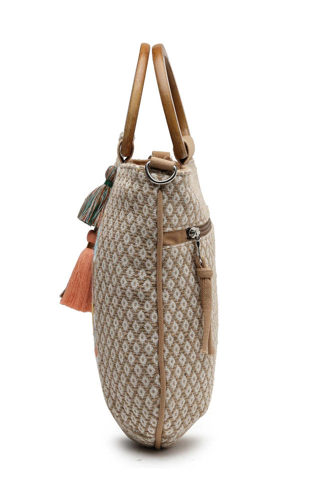 Kooky Camel Brown And Multi Floral Embroidered Cotton Jacquard Hand Bag