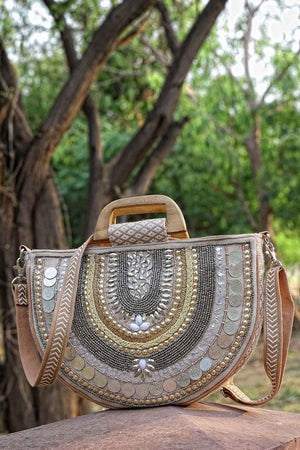 Boho Camel Brown And Gold Ethnic Embellished Cotton Jacquard Hand Bag