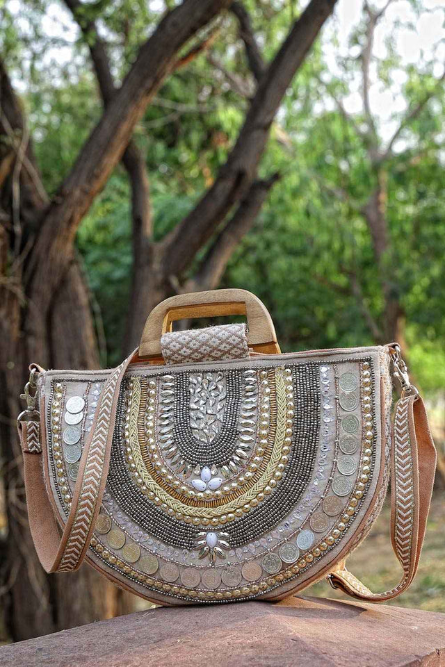 Boho Camel Brown And Gold Ethnic Embellished Cotton Jacquard Hand Bag