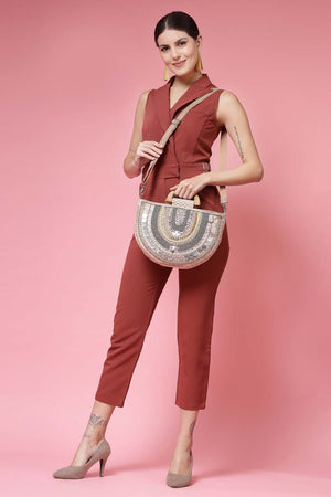 Boho Camel Brown And Gold Ethnic Embellished Cotton Jacquard Hand Bag