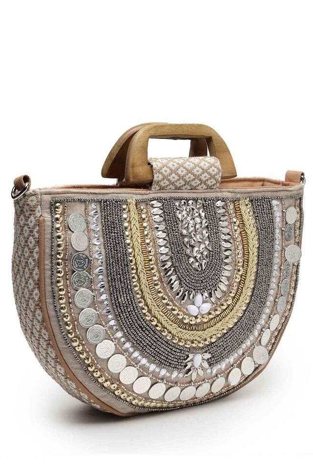 Boho Camel Brown And Gold Ethnic Embellished Cotton Jacquard Hand Bag