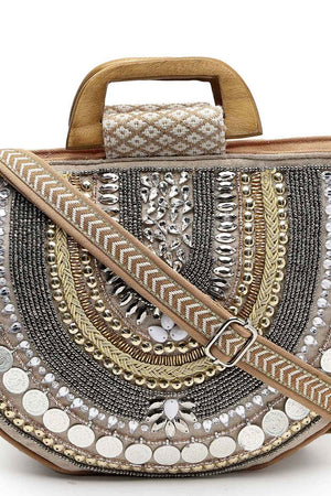 Boho Camel Brown And Gold Ethnic Embellished Cotton Jacquard Hand Bag