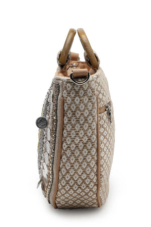 Boho Camel Brown And Gold Ethnic Embellished Cotton Jacquard Hand Bag