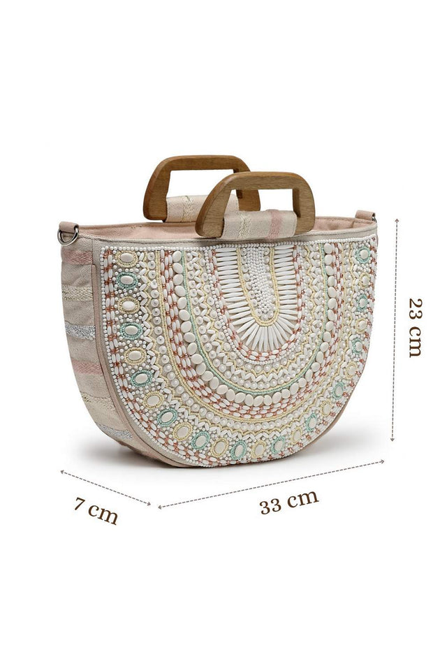 Off White Embellished Cotton Hand Bag