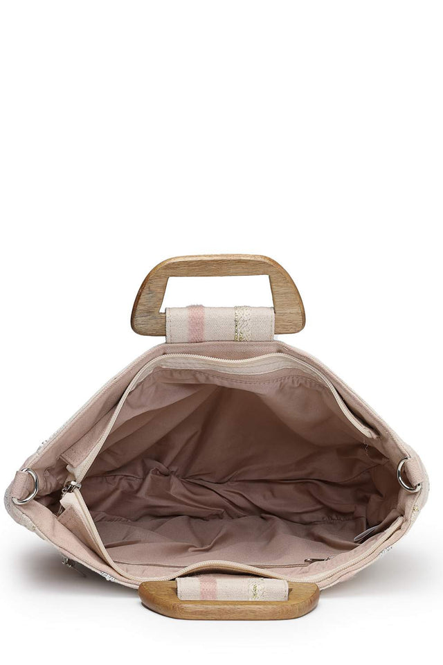 Off White Embellished Cotton Hand Bag