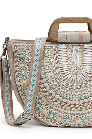 Off White Embellished Cotton Hand Bag