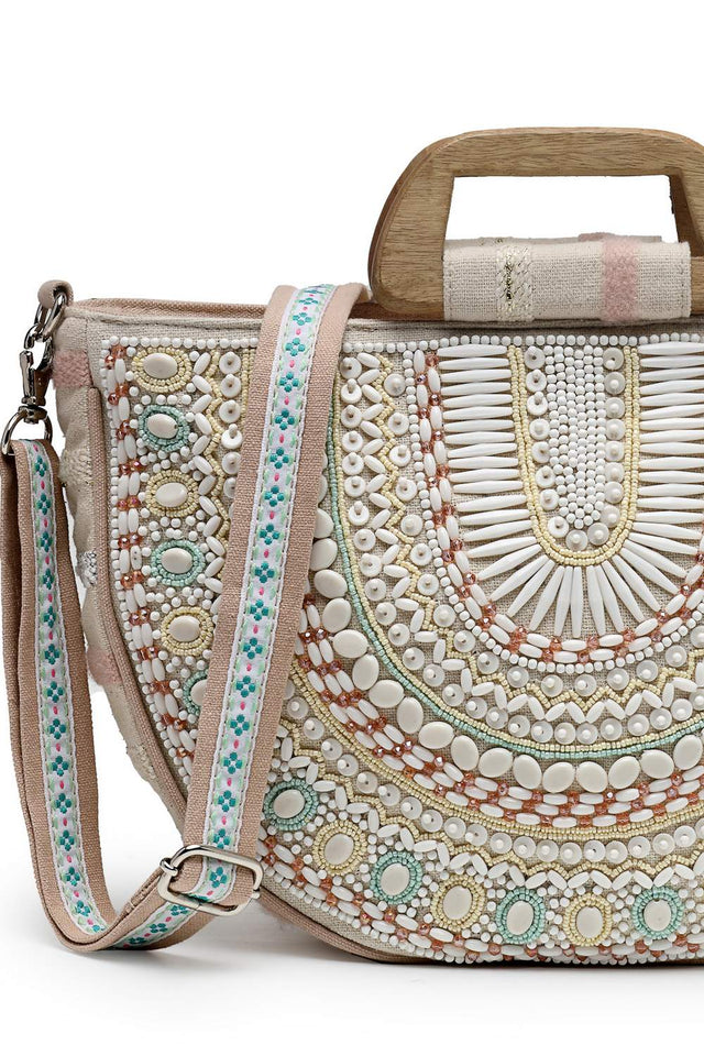 Off White Embellished Cotton Hand Bag