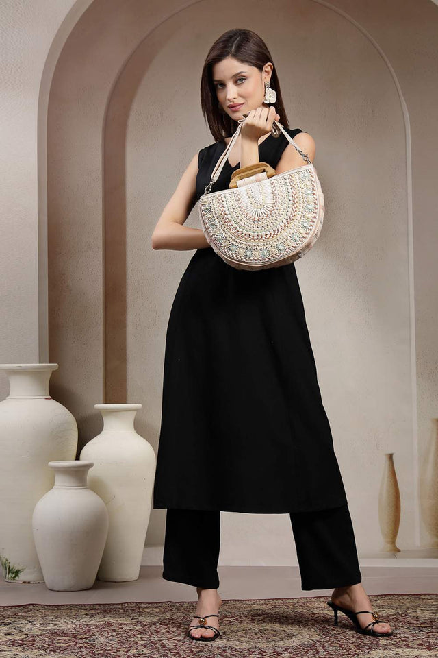 Off White Embellished Cotton Hand Bag