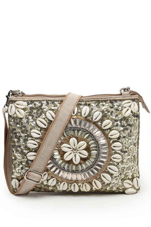 Boho Camel Brown And Gold Seashell Embellished Cotton Jacquard Sling Bag