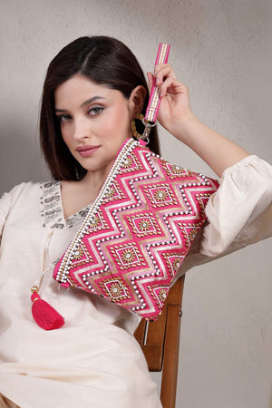 Pink Embellished Cotton Sling Bag