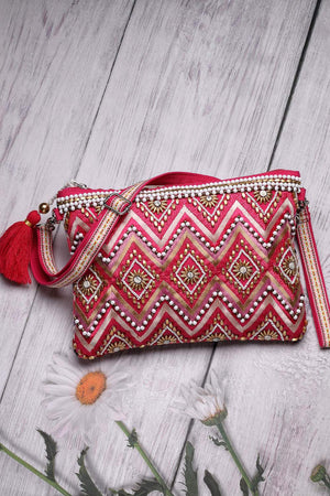 Pink Embellished Cotton Sling Bag