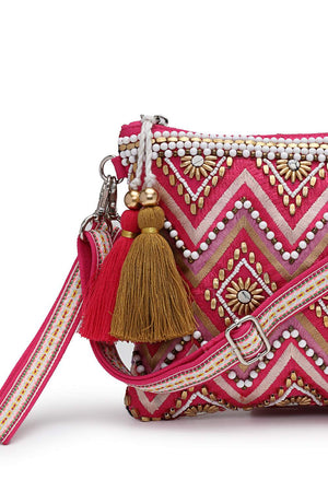 Pink Embellished Cotton Sling Bag