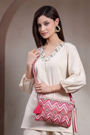 Pink Embellished Cotton Sling Bag