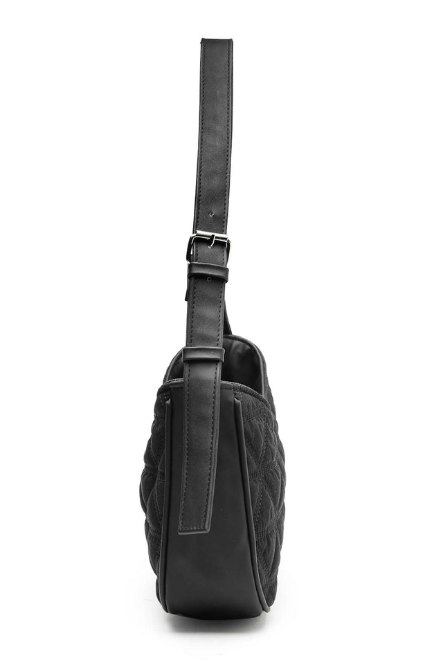 Black Geometric Quilted Polyester Shoulder Bag