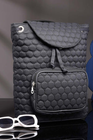Black Geometric Quilted Polyester Backpack Bag
