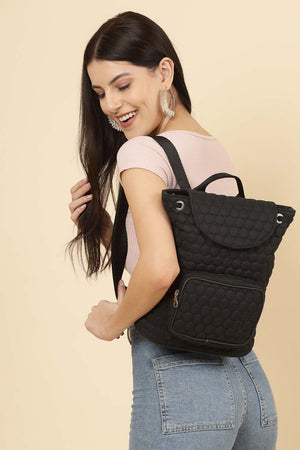 Black Geometric Quilted Polyester Backpack Bag