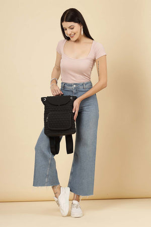 Black Geometric Quilted Polyester Backpack Bag