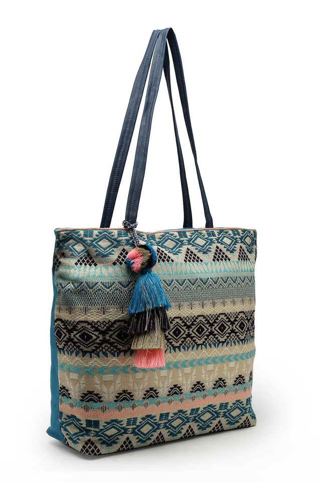 Geomat Turquoise Blue And Multi Ethnic Cotton Jacquard Tote Bag