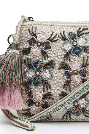Kooky Beige And Multi Floral Embellished Handloom Cotton Canvas Sling Bag