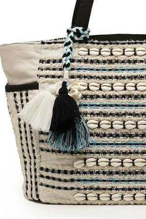 Boho Beige And Black Striped Cotton Jacquard Tote Bag
