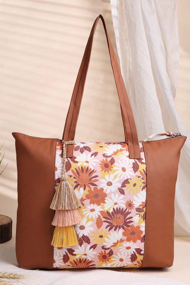 Brown Abstract Print Polycotton Tote Bag