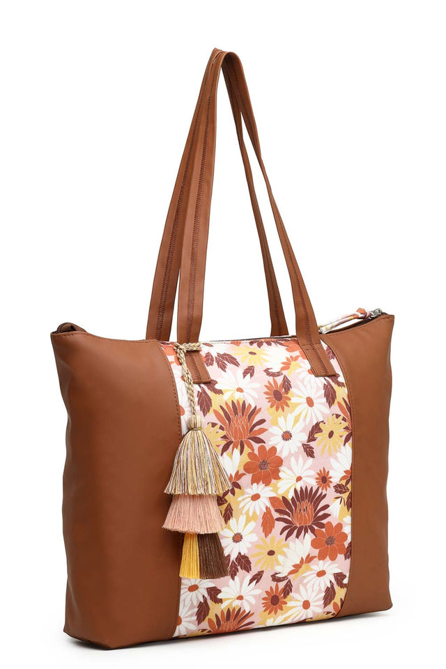 Brown Abstract Print Polycotton Tote Bag