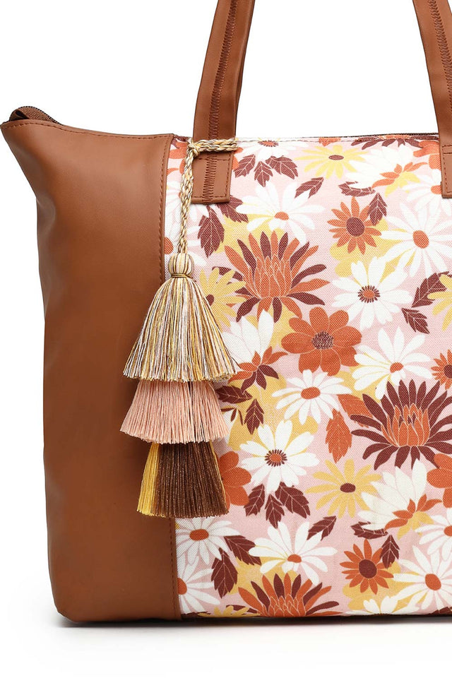 Brown Abstract Print Polycotton Tote Bag