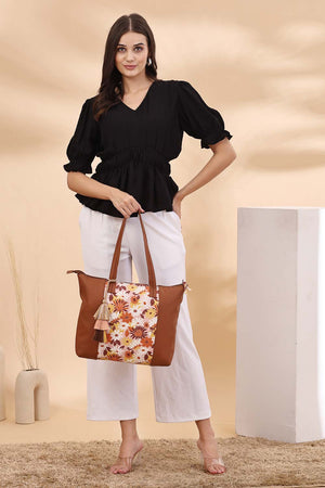 Brown Abstract Print Polycotton Tote Bag