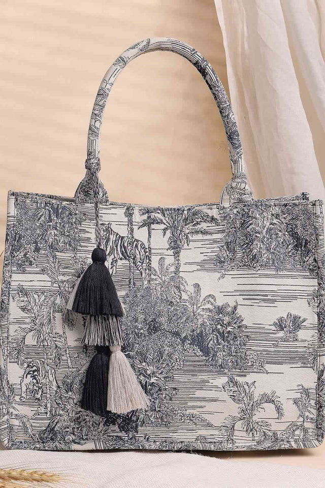 Beige Jacquard Cotton Hand Bag