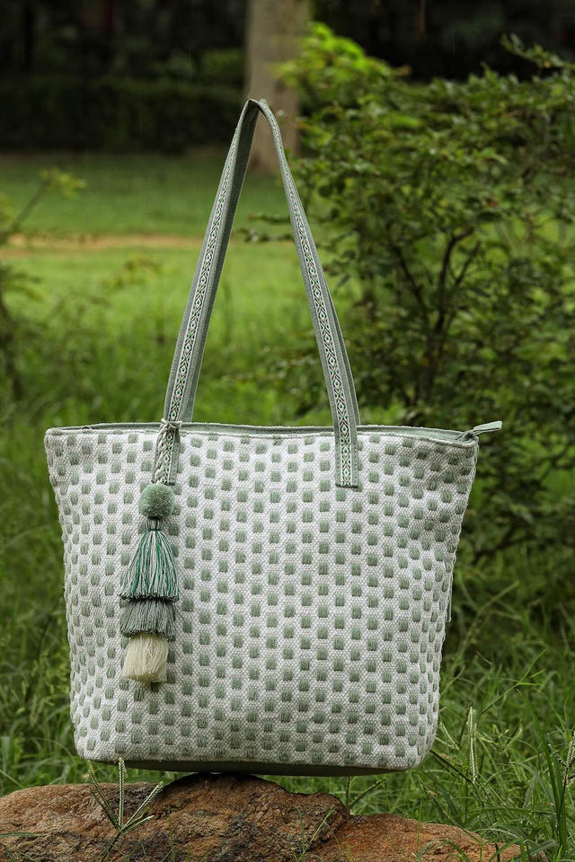 Off White Geometric Jacquard Tote Bag