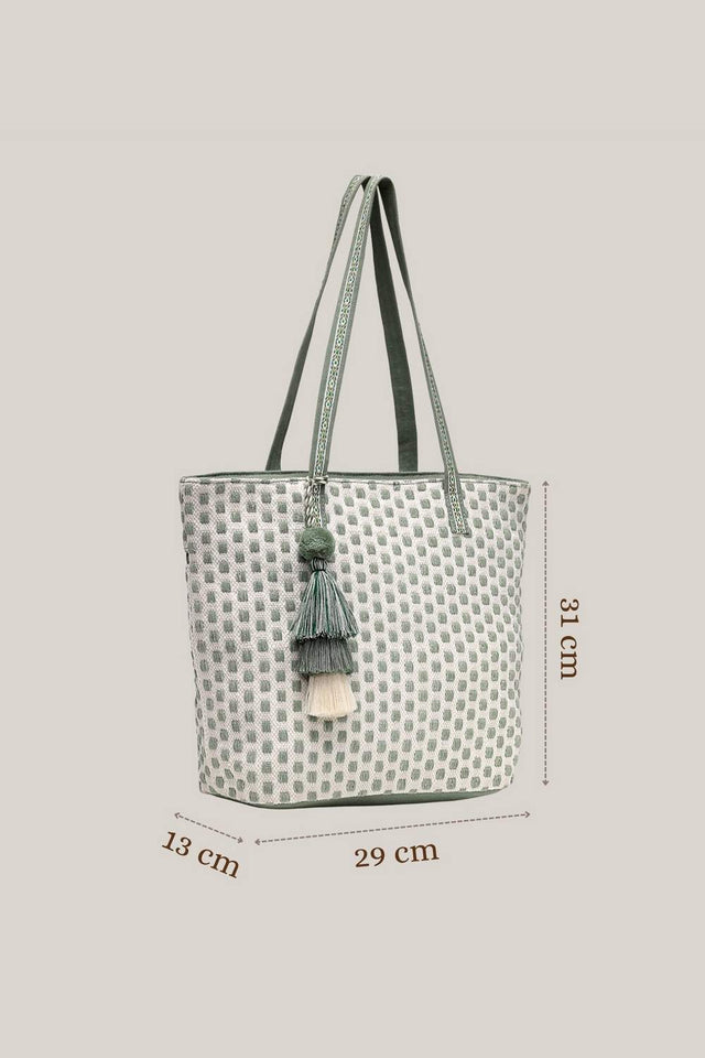 Off White Geometric Jacquard Tote Bag