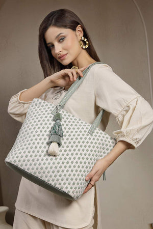 Off White Geometric Jacquard Tote Bag