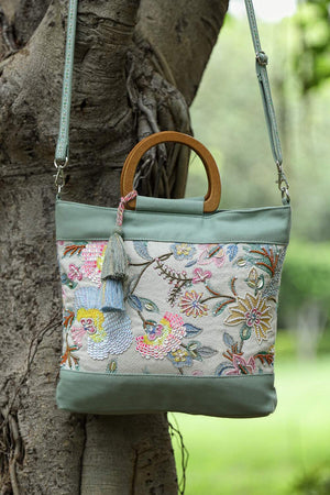 Off White Embellished Cotton Hand Bag