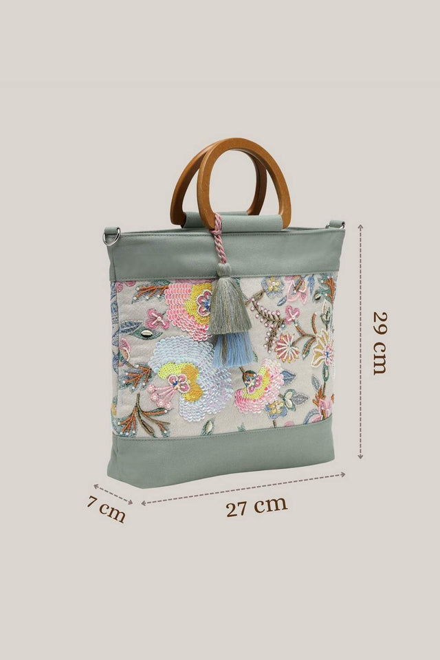 Off White Embellished Cotton Hand Bag