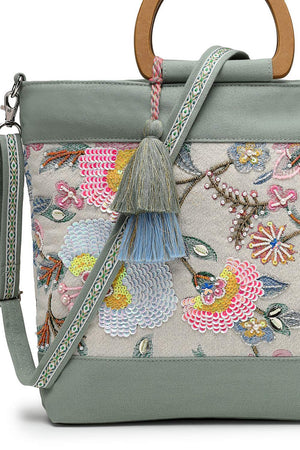 Off White Embellished Cotton Hand Bag