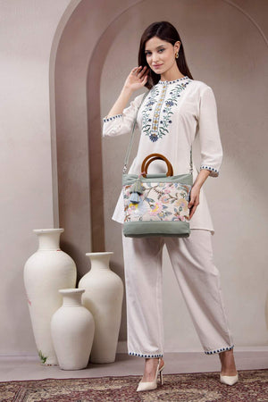 Off White Embellished Cotton Hand Bag