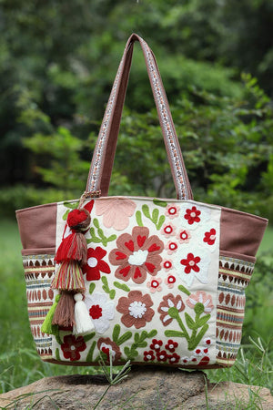 Off White Floral Embroidered Cotton Tote Bag