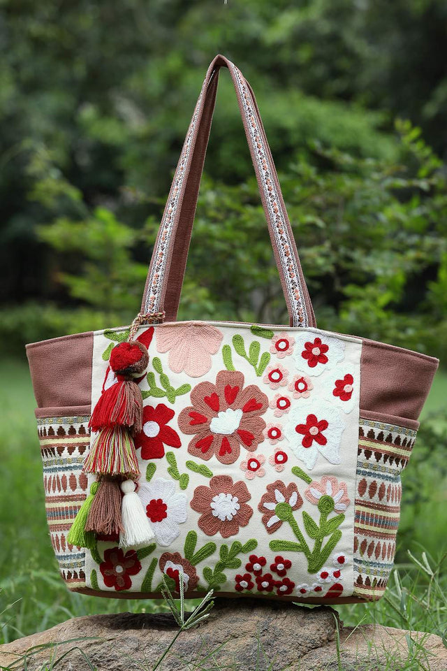 Off White Floral Embroidered Cotton Tote Bag