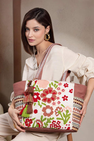 Off White Floral Embroidered Cotton Tote Bag