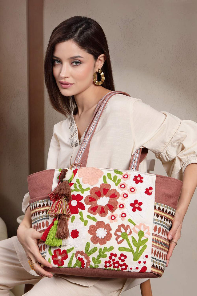 Off White Floral Embroidered Cotton Tote Bag